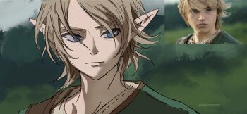 1boy blonde_hair blue_eyes closed_mouth furrowed_brow green_tunic highres link male_focus nintendo outdoors parted_bangs pointy_ears reference_inset shirt short_hair shuo_yue sketch solo the_legend_of_zelda tunic twitter_username upper_body white_shirt