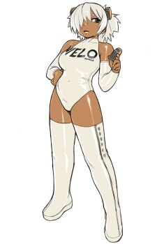 Rule 34 | bare shoulders, boots, breasts, copyright name, covered navel, dark-skinned female, dark skin, detached sleeves, earrings, hair ornament, hair over one eye, hand on own hip, hand up, highres, holding, jewelry, large breasts, leotard, lipstick, looking at viewer, makeup, mango (yirtios), orange eyes, orange lips, original, personification, print leotard, short hair, stud earrings, thigh boots, velo (nicotine pouch), white boots, white hair, white leotard, yirtios