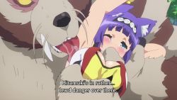 1girl animal animal_ear_fluff animal_ears animated anime_screenshot black_hairband bra breasts cleavage dog_ears dog_girl futoku_no_guild grabbing_another&#039;s_breast groping hairband highres hitamu_kyan large_breasts looking_at_viewer one_eye_closed purple_eyes purple_hair rape shirt sound subtitled tearing_up tokishikko_dana underwear video