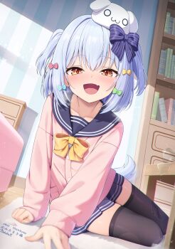1boy absurdres animal_ears arm_support black_thighhighs blush bow cardigan collarbone commentary_request dog_boy dog_ears dog_tail dutch_angle fang grey_hair hair_bow hair_ornament haluka_o0 highres inuyama_tamaki inuyama_tamaki_(1st_costume) looking_at_viewer medium_hair noripro open_mouth orange_eyes school_uniform sitting skin_fang tail thighhighs trap virtual_youtuber yellow_bow yokozuwari zettai_ryouiki