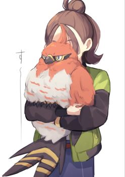 1girl bird blue_pants brown_hair commentary_request gen_6_pokemon green_jacket hair_bun harmony_(pokemon) highres holding holding_pokemon hug jacket long_sleeves mukomaru nintendo open_clothes open_jacket pants pokemon pokemon_(creature) pokemon_legends:_z-a shirt short_hair simple_background talonflame white_background white_shirt