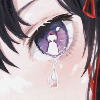 1girl akemi_homura black_hair chinese_commentary close-up commentary_request crying crying_with_eyes_open eye_focus eye_reflection eyelashes hair_ribbon highres kaname_madoka ksline0930 light_blush mahou_shoujo_madoka_magica mahou_shoujo_madoka_magica_(anime) pink_hair procreate_(medium) purple_eyes red_ribbon reflection ribbon sad short_hair short_twintails silhouette surreal teardrop tears twintails