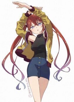 Rule 34 | 1girl, arms up, black shirt, blue skirt, breasts, brown jacket, commentary request, crossed legs, denim, denim skirt, hair between eyes, hentai prison, highres, jacket, kurebayashi noah, long hair, long sleeves, looking at viewer, medium breasts, miniskirt, open clothes, open jacket, parted lips, pencil skirt, purple eyes, red hair, reki (arequa), shirt, sidelocks, simple background, skirt, sleeveless, sleeveless shirt, solo, standing, turtleneck, turtleneck shirt, twintails, twitter username, upper body, very long hair, white background