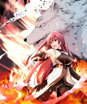 1girl armpits black_gloves black_shorts black_thighhighs breasts commentary_request elbow_gloves embers fingerless_gloves fire gloves highres kiki_(koikuchikinako) large_breasts long_hair open_mouth red_eyes red_hair short_shorts shorts thighhighs wanwan_monogatari wolf