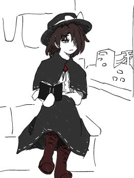 1girl black_capelet black_hat black_skirt book boots bow bowtie brown_boots brown_hair building buttons capelet closed_mouth dress_shirt hat hat_bow holding holding_book kannsoupannpa long_sleeves one_eye_covered red_bow red_bowtie shirt short_hair sitting skirt touhou train_interior usami_renko utility_pole white_bow white_shirt