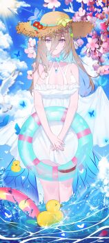 Rule 34 | 1girl, absurdres, aponia, aponia (mesmerizing blue), blonde hair, blue eyes, blue hair, blue sky, breasts, chinese commentary, cleavage, colored inner hair, commentary request, dress, hat, highres, holding, holding swim ring, honkai (series), honkai impact 3rd, innertube, large breasts, long hair, looking at viewer, multicolored hair, official alternate costume, qiuqiuku, rubber duck, sky, solo, straw hat, sundress, swim ring, two-tone hair, wading, white dress