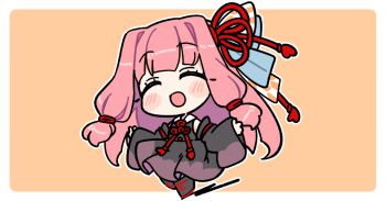 1girl :d ^_^ black_boots black_dress blush_stickers boots border chibi chibi_only closed_eyes dress full_body hair_ribbon ini_(inunabe00) kotonoha_akane long_hair long_sleeves open_mouth orange_background outline outside_border pink_hair red_ribbon ribbon simple_background smile solo standing voiceroid white_border white_outline wide_sleeves