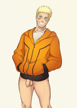 1boy aizenhower blonde_hair blue_eyes blush facial_hair flaccid foreskin hands_in_pockets hood hood_down hooded_jacket jacket looking_at_viewer male_focus naked_jacket naruto_(classic) naruto_(series) naruto_shippuuden penis shirt short_hair simple_background smile solo standing stubble teeth testicles thick_thighs thighs uncensored uzumaki_naruto white_shirt