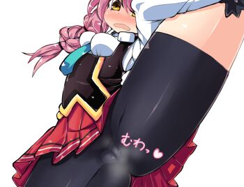 1girl aqua_necktie bike_shorts black_shorts blush braid breasts cameltoe choice_(xtmm5285) collared_shirt embarrassed game_cg hair_between_eyes heart henao_(lattice_sos!) holding_own_leg lattice_sos!_~happening&amp;panic~ leg_up long_hair long_sleeves low_twin_braids medium_breasts necktie non-web_source open_mouth pink_hair pleated_skirt red_skirt scrunchie shirt shorts shorts_under_skirt sidelocks simple_background skirt solo sound_effects split spread_legs standing standing_on_one_leg standing_split steam thighs transparent_background twin_braids underbust wavy_mouth white_shirt wrist_scrunchie yellow_eyes