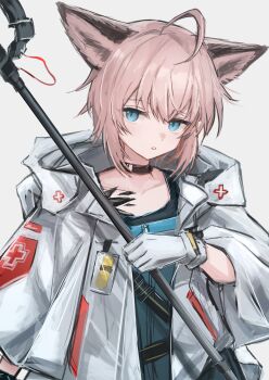 Rule 34 | 1girl, 3 (sanyako1), ahoge, animal ear fluff, animal ears, arknights, black choker, blue eyes, bracelet, choker, collarbone, commentary, cross, dot nose, fox ears, fox girl, gloves, greek cross, grey background, grey hair, highres, holding, holding staff, id card, infection monitor (arknights), jewelry, looking at viewer, material growth, medium hair, oripathy lesion (arknights), parted lips, red cross, simple background, solo, staff, sussurro (arknights), upper body, white background, white gloves