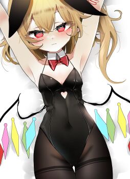 1girl @_@ absurdres animal_ears armpits arms_tied_above_head black_leotard black_pantyhose blonde_hair bow bowtie breasts cleavage clothing_cutout commentary covered_navel crystal_wings detached_collar english_commentary fake_animal_ears flandre_scarlet heart_cutout highres leotard looking_at_viewer lying on_back ougiikun pantyhose playboy_bunny rabbit_ears red_bow red_bowtie red_eyes solo thigh_gap thighband_pantyhose touhou wings