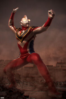 Rule 34 | 1boy, 295609159hhj, absurdres, alien, arm up, armor, blue skin, breastplate, building, city, cityscape, clenched hand, color timer, colored skin, commentary, compound eyes, dorsal fin, dust cloud, english commentary, fighting stance, figure (medium), full body, giant, giant male, glowing, glowing eyes, gold trim, highres, legs apart, looking up, male focus, multicolored skin, muscular, muscular male, no pupils, outdoors, outstretched arm, pectorals, photo (medium), photoshop (medium), red skin, rubble, ruins, shoulder armor, silver skin, solo, standing, tokusatsu, ultra series, ultraman gaia, ultraman gaia (series), ultraman gaia (supreme version), white eyes, wrinkled skin