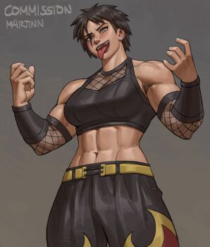 1girl abs artist_name bare_shoulders belt black_eyes black_hair black_pants black_sleeves black_tank_top breasts check_copyright commentary commission copyright_request covered_collarbone cowboy_shot detached_sleeves english_commentary facial_tattoo fishnet_sleeves fishnets grey_background grey_eyes hands_up heterochromia highres large_breasts looking_at_viewer looking_down m4rjinn midriff muscular muscular_female navel open_mouth original pants short_hair slit_pupils solo tank_top tattoo teeth tongue tongue_out white_nails yellow_belt