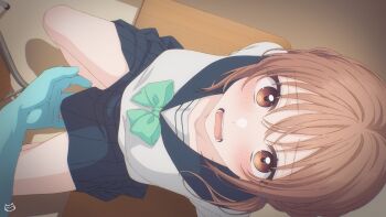 1boy 1girl aqua_bow aqua_bowtie arm_support artist_logo asaka_mari blue_fur blue_sailor_collar blue_skirt blush bow bowtie brown_eyes brown_hair chair classroom commentary desk english_commentary furry furry_male groping hidaka_tsunagu highres indoors keihh kimi_to_koete_koi_ni_naru logo long_sleeves looking_at_viewer paid_reward_available pleated_skirt pov pov_hands sailor_collar school_chair school_desk school_uniform shirt sitting skirt thighs white_shirt