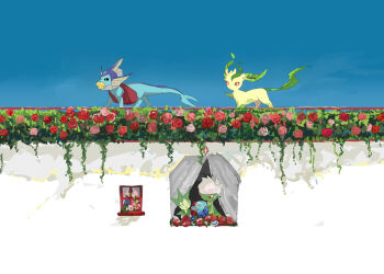 1girl apios bag berry_(pokemon) black_sclera blue_flower blue_rose blue_sky brown_sclera closed_mouth colored_sclera colored_skin commentary curtains day eye_contact flower from_side gen_1_pokemon gen_2_pokemon gen_3_pokemon gen_4_pokemon green_skin grey_hair half-closed_eyes happy highres holding leafeon looking_at_another looking_up monster_girl mouth_hold nintendo open_mouth outdoors phanpy pink_flower pink_rose plant_girl pokemon pokemon_(creature) red_eyes red_flower red_rose rooftop rose roselia_(pokemon) roserade short_hair shoulder_bag sitrus_berry sky smile vaporeon walking watering_can white_eyes window