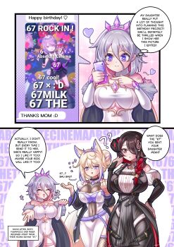 3girls 67_(meme) absurdres animal_ear_fluff animal_ears asymmetrical_horns black_hair black_jacket blonde_hair blush borrowed_design braid breasts bright_pupils chest_jewel colored_inner_hair demon_horns dog_ears dog_girl dress fur-trimmed_jacket fur_trim gem grey_hair hair_between_eyes hair_ornament hair_over_one_eye hairband highres hololive hololive_english horns jacket jewel_under_eye jewelry koseki_bijou large_breasts long_hair mama_puppy_(fuwamoco) mamarissa mature_female meme mole mole_under_eye momseki_(koseki_bijou) multicolored_hair multiple_girls off_shoulder open_mouth purple_eyes purple_gem purple_hair red_eyes red_hair seapupu smile streaked_hair tail two-tone_hair virtual_youtuber white_background white_dress white_pupils zoomer_slang