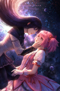 2girls akemi_homura akemi_homura_(magical_girl) artist_name asinjuasflora backlighting black_hair black_pantyhose black_shirt bow choker collared_shirt commentary couple dress english_commentary eye_contact floating_hair frilled_dress frilled_skirt frills gasp gloves grin hair_ribbon hand_on_another's_cheek hand_on_another's_face highres kaname_madoka kaname_madoka_(magical_girl) lips long_hair long_sleeves looking_at_another magical_girl mahou_shoujo_madoka_magica mahou_shoujo_madoka_magica_(anime) miniskirt multiple_girls naughty_face nebula neck neck_ribbon open_mouth pantyhose parted_lips patreon_username pink_dress pink_eyes pink_hair pleated_skirt puffy_short_sleeves puffy_sleeves purple_eyes purple_ribbon purple_skirt red_choker red_ribbon ribbon round_teeth shirt short_hair short_sleeves skirt smile space star_(sky) straight_hair teeth twintails upper_teeth_only vest watermark web_address white_gloves white_vest yuri
