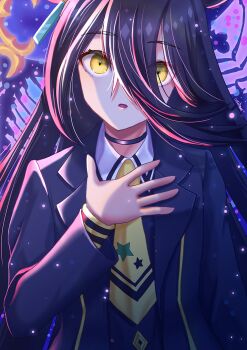 Rule 34 | 1girl, animal ears, black choker, black coat, black hair, black shirt, choker, coat, collared shirt, commentary request, ear tag, earrings, hair between eyes, highres, horse ears, horse girl, jewelry, long hair, long hair between eyes, long sleeves, looking at viewer, manhattan cafe (creeping shadow) (umamusume), manhattan cafe (umamusume), necktie, open mouth, otono (bkt4b), shirt, single earring, solo, umamusume, yellow eyes, yellow necktie