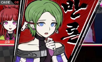 Rule 34 | antennae, bare shoulders, blunt bangs, danganronpa (series), dress, earrings, fake antennae, gloves, gnosia, green hair, heart, heart earrings, heart tattoo, high ponytail, highres, jewelry, komatsuzaki rui (style), leotab12, looking at viewer, makeup, parody, ponytail, short hair, sleeveless, sleeveless dress, sq (gnosia), stella (gnosia), tattoo, upper body