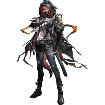 1girl animal_ear_hood arknights armband belt black_mask boots covered_mouth crownslayer_(arknights) denim elbow_gloves fake_animal_ears fingerless_gloves floating_clothes full_body gloves hand_on_own_chest highres hood hood_up hyena_tail jacket jeans mask mouth_mask official_art open_clothes open_jacket orange_armband pants patchwork_clothes red_eyes red_hair scabbard sheath sheathed shirt short-sleeved_jacket short_sleeves tachi-e tail torn_clothes torn_pants transparent_background white_shirt zhili_xingzou