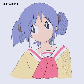 Rule 34 | 1girl, absurdres, artist name, artnpepsi, blazer, blue hair, bow, bowtie, cropped shoulders, cube hair ornament, grey background, grey eyes, hair ornament, hatching (texture), highres, jacket, light frown, medium hair, naganohara mio, nichijou, pink bow, pink bowtie, sailor collar, school uniform, short twintails, simple background, tokisadame school uniform, twintails, white sailor collar