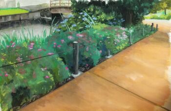 blue_flower bridge bush flower grass harusa1107 highres no_humans original path plant purple_flower road rope_fence tree water wooden_bridge