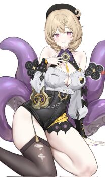 1girl arm_support asymmetrical_shorts bare_shoulders beret black_hat black_shorts blonde_hair blush breasts button_gap cleavage closed_mouth cowlick detached_sleeves garter_straps hand_on_own_chest hashtag-only_commentary hat highres large_breasts looking_at_viewer mole mole_under_mouth mong1c purple_eyes purple_nails shirt short_hair shorts simple_background single_garter_strap single_thighhigh sitting smile solo suction_cups tentacle_girl tentacle_tail tentacles thighhighs torn_clothes torn_thighhighs twitter_username white_background white_shirt yidhari_murphy yokozuwari zenless_zone_zero