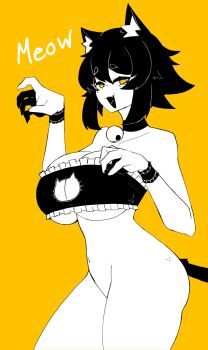 1girl :d absurdres animal_ear_fluff animal_ears ass_freckles bell black_bra black_hair body_freckles bottomless bra breasts cat_cutout cat_ears cat_girl cat_tail choker cleavage_cutout clothing_cutout collarbone cowboy_shot doce english_text fang female_focus fingernails freckles half-closed_eyes highres jingle_bell large_breasts looking_at_viewer navel open_mouth original sharp_fingernails short_hair simple_background skin_fang smile solo tail underwear wrist_cuffs xiao_(docecaedrus) yellow_background yellow_eyes