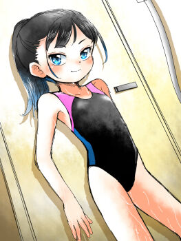 1girl against_wall bath black_hair black_one-piece_swimsuit blue_eyes blue_hair blush collarbone competition_swimsuit flat_chest lemon_production loli long_hair looking_at_viewer multicolored_hair one-piece_swimsuit original ponytail shower_head sidelocks smile standing swimsuit two-tone_hair wet