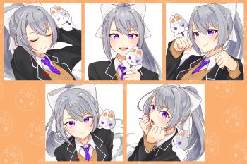 1girl absurdres black_jacket blush bow closed_eyes closed_mouth grey_hair hair_bow hair_ornament hairclip hashtag-only_commentary highres higuchi_kaede jacket long_hair looking_at_viewer mole mole_under_eye multiple_expressions necktie nijisanji open_mouth parallel_hairclips ponytail purple_eyes purple_necktie ringo_21_a smile swept_bangs virtual_youtuber white_bow