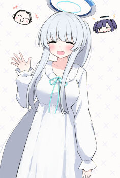 Rule 34 | 1boy, 2girls, blue archive, breasts, chibi, chibi inset, closed eyes, doodle sensei (blue archive), dress, halo, highres, large breasts, long hair, looking at viewer, multiple girls, noa (blue archive), pajamas, ponytail, sateto (user knrf2332), sensei (blue archive), smile, solo focus, very long hair, waving, white background, white dress