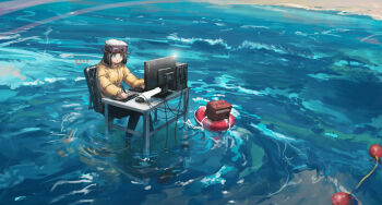 1girl absurdres artist_name black_hair blue_eyes chair coat commentary computer computer_keyboard computer_mouse drawing_(action) drawing_tablet english_commentary franlol goggles goggles_on_headwear hat highres holding holding_stylus lifebuoy long_sleeves monitor ocean on_chair original short_hair sitting solo stylus swim_ring table tongue tongue_out water white_hat yellow_coat