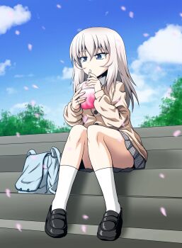 1girl absurdres bag black_shoes blue_bag blue_eyes blue_sky brown_jacket cherry_blossoms drinking drinking_straw drinking_straw_in_mouth full_body girls_und_panzer grey_hair highres holding holding_drinking_straw itsumi_erika jacket jewelry kamishima_kanon long_hair miniskirt ring shirt shoes shoulder_bag sitting sitting_on_stairs skirt sky socks solo stairs striped_clothes striped_skirt tree white_shirt white_socks