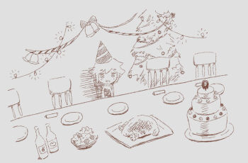 1boy alternate_costume basil_(faraway)_(omori) basil_(omori) chair christmas christmas_lights christmas_ornaments christmas_tree double-parted_bangs greyscale hat male_focus monochrome omori open_mouth party party_hat plate short_hair sidelocks sitting sketch smile solo something_(omori) sun_iiinu sweater table
