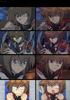 1boy black_shirt blush brown_eyes brown_hair card clenched_hands derivative_work duel_disk glowing glowing_eye gotcha gradient_hair heterochromia holding jacket jap_soko looking_at_viewer male_focus multicolored_eyes multicolored_hair multiple_views one_eye_closed open_mouth reference_work school_uniform screenshot_redraw shirt smile smoke upper_body yu-gi-oh! yu-gi-oh!_gx yuki_judai