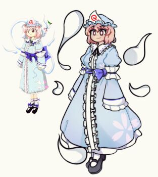 Rule 34 | 1girl, black shoes, blue hat, blue kimono, closed mouth, dagger131134 (kama astor), frilled kimono, frills, ghost, hat, hitodama, japanese clothes, kimono, long sleeves, mob cap, perfect cherry blossom, pink eyes, pink hair, reference inset, ribbon, saigyouji yuyuko, shoes, short hair, sleeve garter, smile, socks, touhou, triangular headpiece, white background, white socks, wide sleeves, zun (artist)