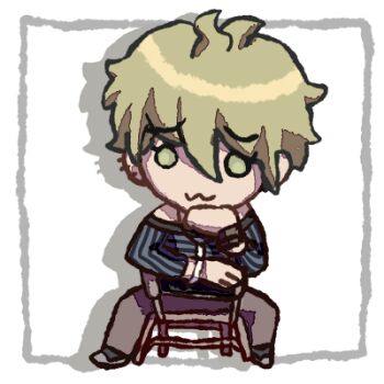 1boy :3 amami_rantaro antenna_hair bare_shoulders black_shoes blue_shirt bracelet brown_pants chair chibi closed_mouth commentary_request danganronpa_(series) danganronpa_v3:_killing_harmony drop_shadow ear_piercing eyelashes green_eyes hand_on_own_chin happy jewelry long_sleeves lowres male_focus messy_hair multiple_bracelets multiple_piercings na_no_(nanoatm) off-shoulder_shirt off_shoulder on_chair outside_border pants pendant picture_frame piercing raised_inner_eyebrows shirt shoes short_hair sitting sitting_backwards smile sneakers solid_circle_eyes solo striped_clothes striped_shirt transparent_background vertical-striped_sleeves