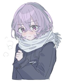 1boy androgynous black_coat blush coat crossed_bangs ensemble_stars! frown hair_between_eyes hanamura_fuyume hand_up highres male_focus medium_hair purple_eyes purple_hair scarf simple_background solo tearing_up upper_body uta_(utamilk) white_background white_scarf