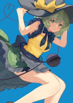 1girl absurdres black_bow black_bowtie black_hat black_skirt blue_background bow bowtie commentary_request feet_out_of_frame floral_print floral_print_skirt frilled_skirt frilled_straps frills from_below green_eyes green_hair green_skirt hands_on_headwear hat hat_bow highres hirachill16 knees komeiji_koishi light_blush lips medium_hair print_skirt shirt skirt smile solo thighs third_eye touhou yellow_bow yellow_shirt