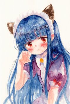 Rule 34 | 1girl, animal ears, blue hair, blush, cat ears, commentary request, dress, highres, idolmaster, idolmaster cinderella girls, looking at viewer, maid, maid headdress, painting (medium), paw pose, red eyes, sajo yukimi, shin fuj, solo, traditional media, upper body, watercolor (medium)