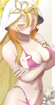 1girl 2boys albedo_(genshin_impact) amaairito arms_under_breasts bare_shoulders bikini blonde_hair blue_eyes blush breasts cleavage collarbone colored_eyelashes commentary_request crossed_arms durin_(genshin_impact) florida_bikini genshin_impact hair_between_eyes heart heterochromia highres large_breasts long_hair looking_at_viewer multiple_boys navel pink_bikini rhinedottir_(genshin_impact) skindentation solo_focus swimsuit veil very_long_hair white_veil yellow_eyes