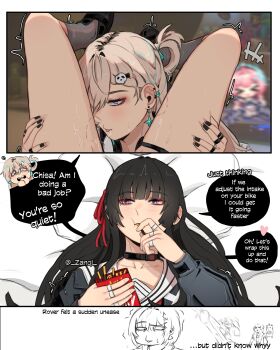 +++ 3girls absurdres aemeath_(wuthering_waves) bite_mark_on_leg black_hair black_nails blonde_hair blurry blurry_background blush chisa_(wuthering_waves) commentary earrings eating emotionless_sex english_text female_rover_(wuthering_waves) food hair_ornament hair_ribbon highres jewelry legs_up long_hair long_sleeves looking_at_viewer lynae_(wuthering_waves) multicolored_hair multiple_girls nail_polish namipon_(wuthering_waves) pocky purple_eyes red_eyes red_ribbon ribbon rover_(wuthering_waves) saliva saliva_trail scene_reference skull_hair_ornament star_(symbol) star_earrings streaked_hair tongue tongue_out twitching twitter_username wuthering_waves yuri zanqi