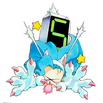 >_< 1990s_(style) 1girl animal_ears animal_hands big_hair blue_hair capcom cat_ears chibi closed_eyes darkstalkers felicia_(darkstalkers) female_focus official_art puzzle_fighter retro_artstyle solo star_(symbol) timer