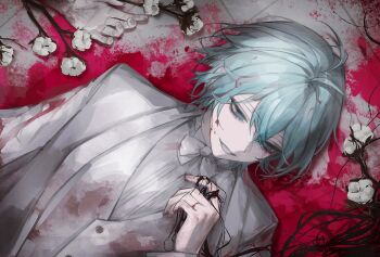 1boy 1girl ahoge aqua_hair black_hair blazer blood blood_in_hair blood_on_clothes blood_on_face blood_on_ground blue_eyes bow bowtie cooccocoocco cotton_(plant) death empty_eyes flower formal_clothes grin hair_between_eyes holding_another&#039;s_hair jacket jewelry long_hair lying male_focus nagisa_trout nijisanji no_pupils on_back on_ground out_of_frame pale_skin pink_blood pool_of_blood ring shirt short_hair sidelocks smile solo_focus suit tile_floor tiles twirling_hair vest white_bow white_bowtie white_flower white_jacket white_shirt white_suit white_vest zuutto_issho_(kitani_tatsuya)
