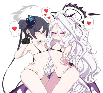 2girls ahoge bikini black_gloves black_hair black_halo blue_archive breasts butterfly_hair_ornament demon_girl demon_horns demon_wings double_bun gloves grey_halo hair_bun hair_ornament halo heart highres hina_(blue_archive) horns kisaki_(blue_archive) loli long_hair looking_at_viewer low_wings melonpan_(meidocafer) micro_bikini multiple_girls navel purple_eyes simple_background small_breasts swimsuit twintails v very_long_hair white_background white_hair wings