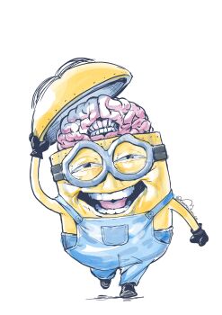 Rule 34 | absurdres, black gloves, blue overalls, brain, chameleon ch, colored skin, despicable me, exposed brain, full body, gloves, half-closed eyes, highres, jujutsu kaisen, kenjaku, looking at viewer, minion (despicable me), open mouth, overalls, scalped, smile, solo, teeth, yellow skin