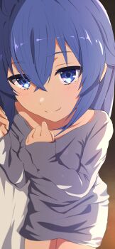 1girl absurdres bed_sheet blue_eyes blue_hair blush closed_mouth collarbone commentary cowboy_shot dress grey_dress hair_between_eyes highres long_hair long_sleeves looking_at_viewer lying mushoku_tensei na-suke on_bed on_side pov_across_bed roxy_migurdia short_dress sleepwear sleeves_past_wrists smile solo