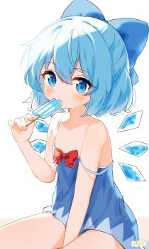1girl absurdres bare_legs bare_shoulders blue_bow blue_dress blue_eyes blue_hair bow cirno commentary detached_wings dress eating fairy fairy_wings food hair_bow highres ice ice_wings looking_at_viewer pinafore_dress popsicle red_bow sleeveless sleeveless_dress strap tian_yang touhou wings