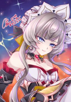 1girl absurdres bare_shoulders blue_eyes breasts brown_hair cleavage closed_mouth collarbone commentary_request detached_collar detached_sleeves dottore_(genshin_impact) dress gem genshin_impact highres long_sleeves medium_breasts medium_hair red_gemstone sandrone_(genshin_impact) solo_focus strapless strapless_dress white_dress y.l.q.