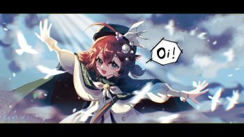 ! 1girl :d absurdres bird bird_hair_ornament black_cape black_hat blue_eyes blue_sky bow bowtie brown_hair cape chilizi chromatic_aberration cloud coat dress english_text flower flutterpage flutterpage_(gently_comes_the_thawing_breeze) hair_between_eyes hair_flower hair_ornament hat highres letterboxed lily_of_the_valley official_alternate_costume open_mouth origami outstretched_arms paper_crane reverse:1999 short_hair short_twintails sky smile solo speech_bubble spread_arms sunlight twintails upper_body white_bird white_bow white_bowtie white_coat white_dress white_flower